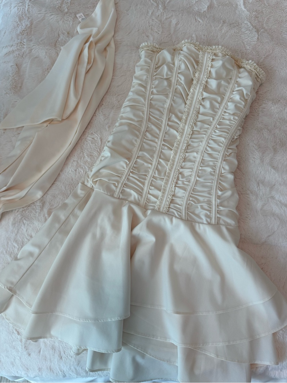 US 0 OhPolly Strapless Ruffled Corset Mini Dress in Cream - Picture 2 of 6